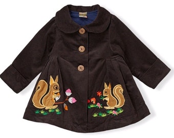 Toddlers Girls Squirrel Patchwork Fall Coat Dress / Girls Brown Corduroy Swing Coat / Squirrel Applique' Designer Overcoat / Kids Outerwear