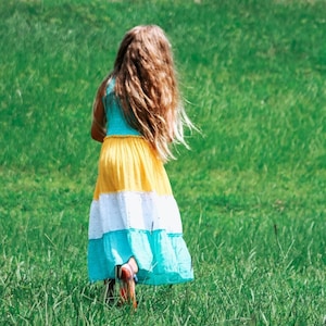 Girls Smocked Tiered Maxi Dress / Color Block Maxi Twirl Dress / Beach Maxi Dress / Tropical Party Maxi Dress / Girls Vacation Long Dresses