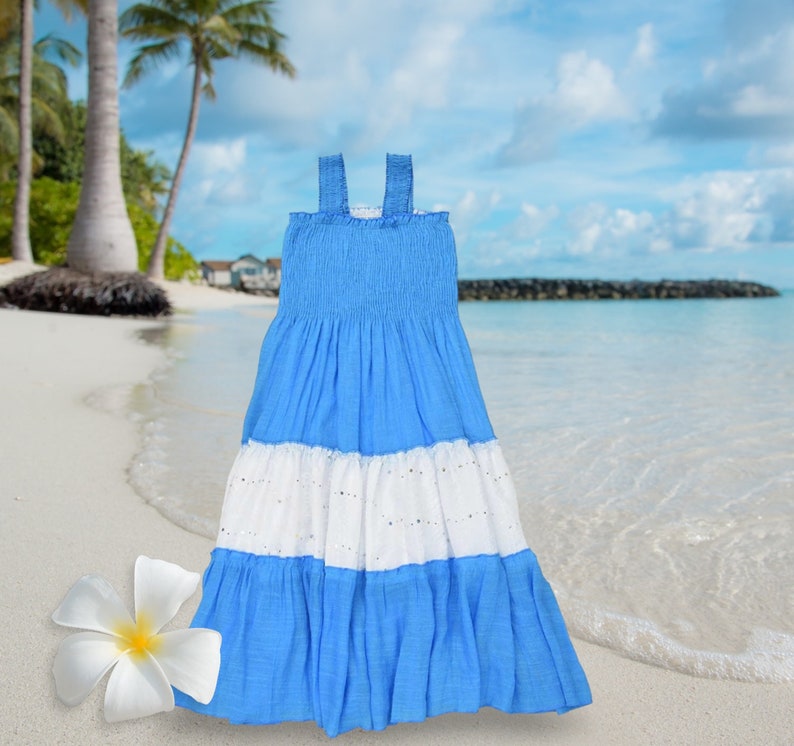 Girls Two Tone Maxi Dress / Smocked Tiered Maxi Dress / Color Block Twirl Maxi Dress / Birthday Sundress / Beach Maxi Dress Cover Up Blue