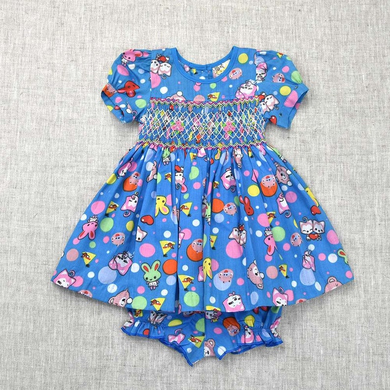 Cartoon Printed Hand-Smocked Embroidered Baby Girl Dress / Toddler Girls Birthday Smocked Dress / Celebration Dress / 1st Birthday Outfit. image 2