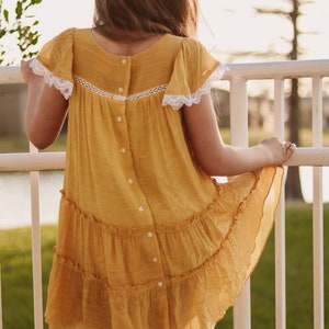 Girl Boho Birthday Dress / Boho Flower Girl Dress / Cotton Lace Tiered Dress / Country Wedding Flower Girl Dress / Girls Portraits Dress. Mustard Yellow