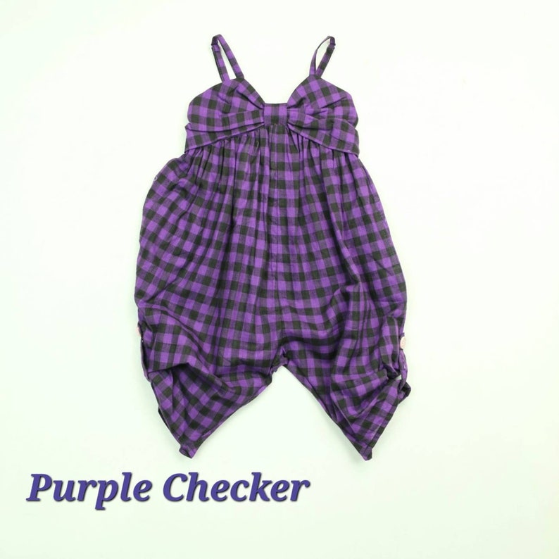 Girls Loose Fit Jumpsuit / Toddler Girls Summer Overall / Spaghetti Straps Cotton Playsuit / Kids Beach Overall / Button-Hem Ankle Jumpers. Purple Checker