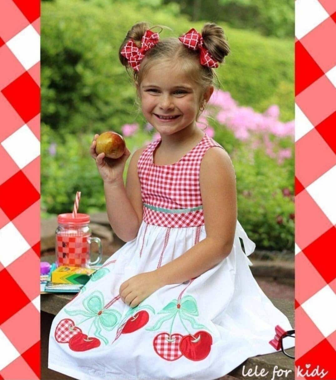 Girls Cherry Patchwork Red Gingham Dress / Cherry Applique