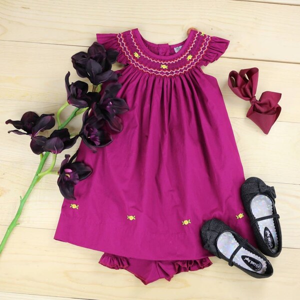 Burgundy Smocked Bishop Baby Girl Dress / 1st Birthday Bishop Dress / Orchid Smocked Embridered Bishop Dress / Girls Summer Festivals Dress.