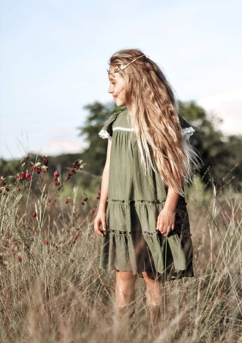 Girl Boho Birthday Dress / Boho Flower Girl Dress / Cotton Lace Tiered Dress / Country Wedding Flower Girl Dress / Girls Portraits Dress. Olive Green