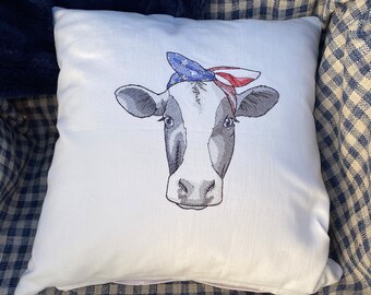 Patriotic Cow with Headband, Handmade Embroidered Throw Pillow 16" x 16" - Americana Star Zipper Pull