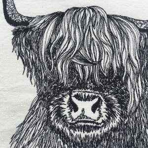 May include: Black and white line drawing of a Highland cow with long, shaggy hair. The cow is looking directly at the viewer.
