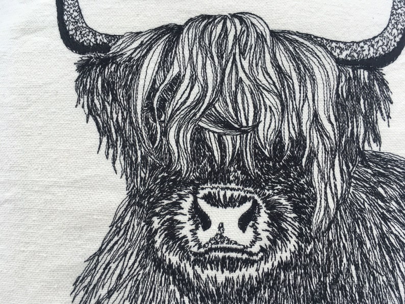 May include: Black and white line drawing of a Highland cow with long, shaggy hair. The cow is looking directly at the viewer.