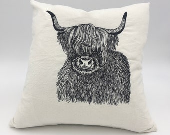 Adorable Scottish Highland Cow Embroidered Throw Pillow 16" x 16" bring on smiles! Free Shipping