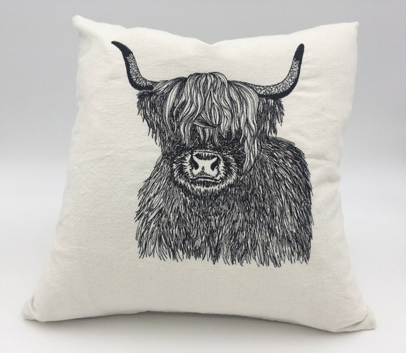 Embroidered Scottish Highland Cow Throw Pillow: 16" x 16"