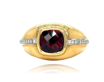 Men's Checkerboard Cushion Garnet and Diamond Ring in 14KY Gold