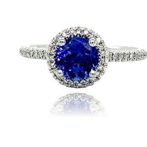 AAA Halo Tanzanite and Diamond Ring in 18KW Gold