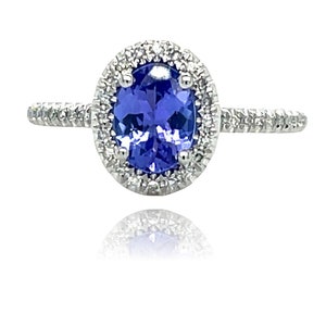 AAA Halo Tanzanite and Diamond Ring in 18KW Gold
