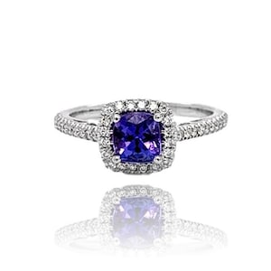 18K White Gold Cushion Tanzanite and Diamond Ring