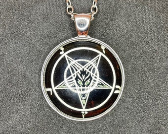 Sigil of Baphomet Pentagram Church of Satan Lucifer Glass Stainless Steel Pendant Necklace Satanic Wiccan Pagan Occult Jewelry Gift - Silver