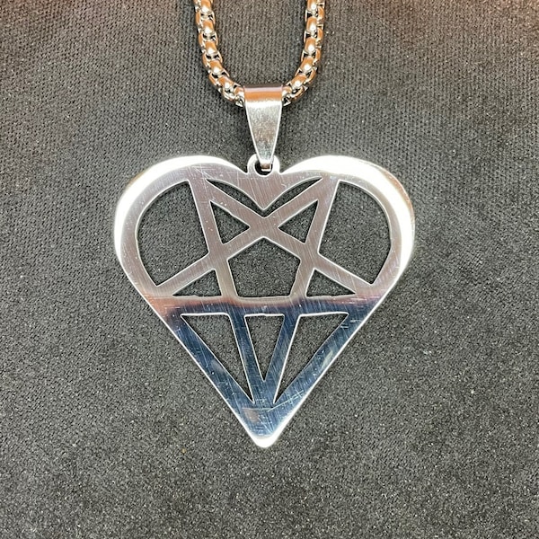 Satan's Heart Inverted Pentagram Feminine Masculine Duality Stainless Steel Pendant Necklace Gothic Wiccan Pagan Satanic Jewelry - Silver