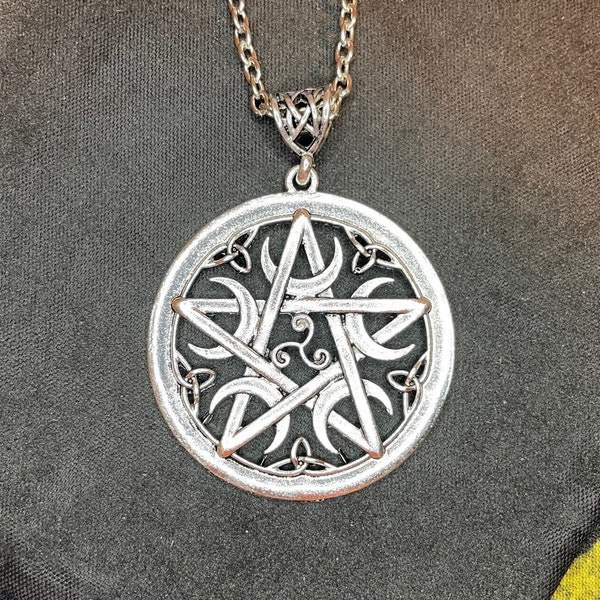 Ornate Pentacle Celtic Knot Crescent Moon Hand-Poured Zinc-Alloy Sacred Pendant Necklace Gothic Pagan Satanic Wiccan Jewelry Gift - Silver