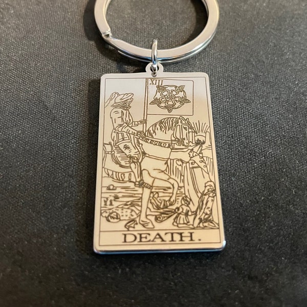 Death Tarot Card Keychain Rider Waite Deck Laser Engraved Stainless Steel Pendant Gothic Pagan Wiccan Satanic Occult Accessory Gift - Silver
