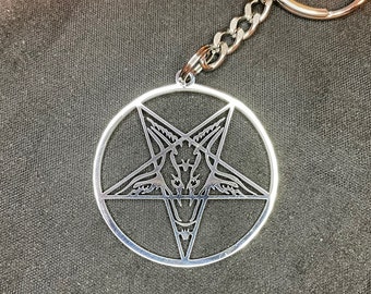 Sigil of Baphomet Church of Satan Inverted Upside Down Pentagram Stainless Steel Keychain Wiccan Satanic Gothic Pagan Jewelry Gift - Silver