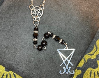 Satanic Rosary Inverted Pentagram Sigil of Lucifer Pendant Necklace Small Beads Gothic Pagan Wiccan Occult Jewelry Gift - Silver & Black