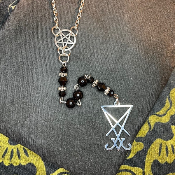 Satanic Rosary Inverted Pentagram Sigil of Lucifer Pendant Necklace Small Beads Gothic Pagan Wiccan Occult Jewelry Gift - Silver & Black