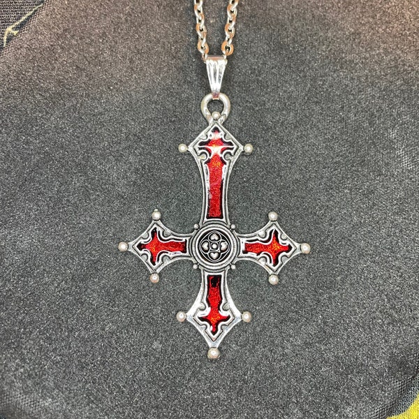 Red Crimson Bloody Inverted Upside Down Cross Pendant Necklace Vintage Gothic Satanic Pagan Wiccan Occult Jewelry Best Gift - Silver