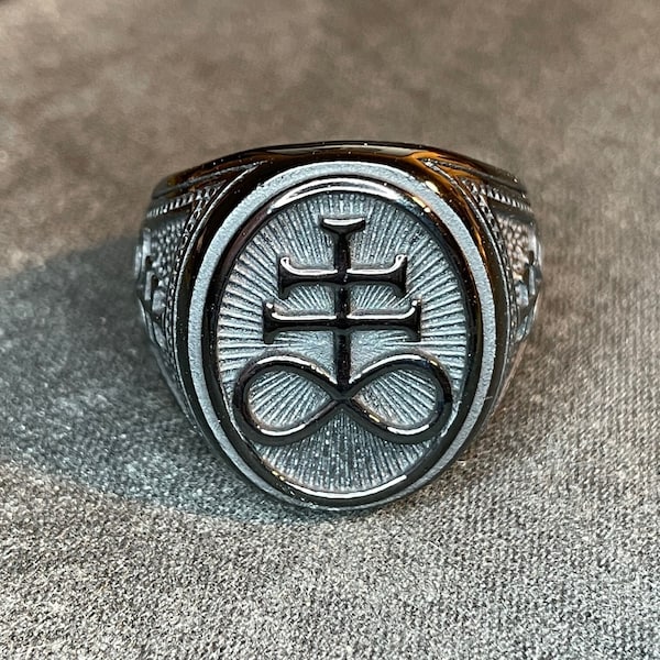 Sigil of Leviathan Cross Seal of Satan Baphomet Power Chaos Statement Ring Gothic Pagan Wiccan Satanic Church Occult Jewelry Gift - Black