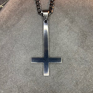 Upside Down Inverted Cross Stainless Steel Pendant Necklace Gothic Minimalist Retro Satanic Pagan Wiccan Druid Occult Jewelry Gift - Black