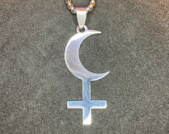 Lilith Symbol Crescent Moon Inverted Upside Down Cross Stainless Steel Necklace Gothic Pagan Satanic Wiccan Occult Jewelry Gift - Silver