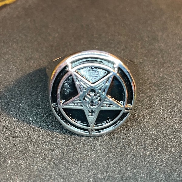 Sigil of Baphomet Church of Satan Inverted Pentagram Stainless Steel Statement Ring Pagan Wicca Satanic Occult Jewelry Gift - Black & Silver