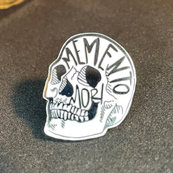 Memento Mori Skull Skeleton Latin Death Quote Enamel Stainless Steel Lapel Pin Occult Wiccan Satanic Gothic Pagan Best Gift - Silver & White