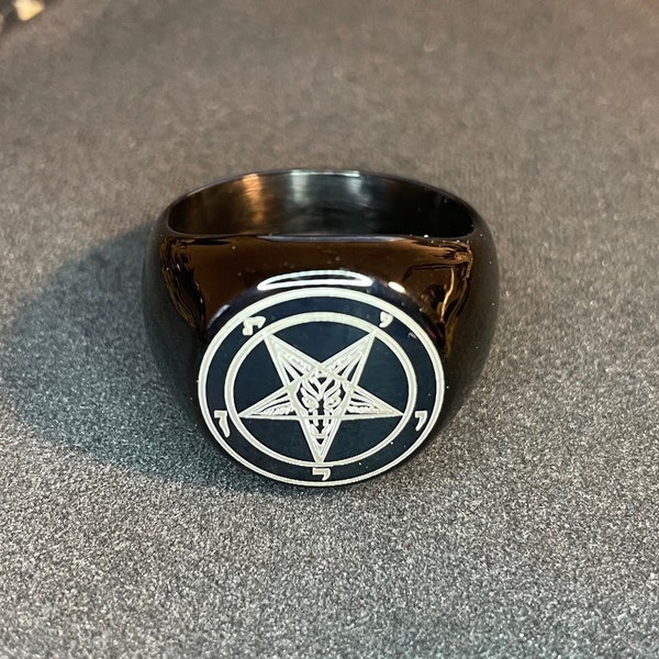 Sigil of Baphomet Church of Satan Inverted Pentagram Stainless Steel Statement Ring Pagan Wiccan Satanic Occult Jewelry Gift - Black & Gold