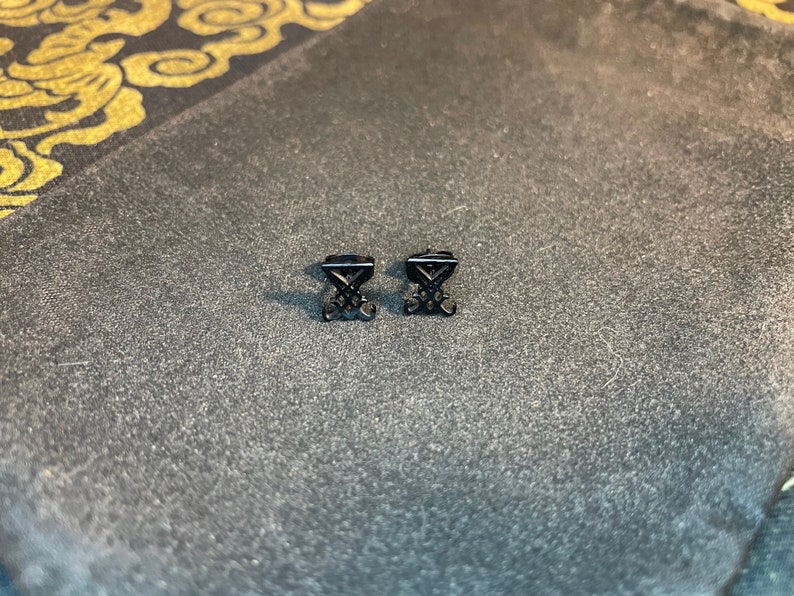 Sigil of Lucifer Stainless Steel Enamel Stud Earrings Gothic Retro Pagan Church of Satan Wiccan Druid Occult Jewelry Black / Silver Color image 5