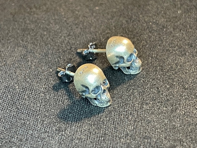 Sterling Silver Skull Earrings 925 Retro Biker Punk Punisher Terminator Skeleton Gothic Death Satanic Wiccan Pagan Druid Occult Jewelry Gift image 2