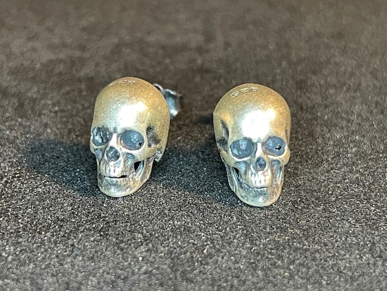 Sterling Silver Skull Earrings 925 Retro Biker Punk Punisher Terminator Skeleton Gothic Death Satanic Wiccan Pagan Druid Occult Jewelry Gift image 1