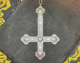 Large Ornate Upside Down Cross Inverted Crucifix Hand-Poured Aluminum Pendant Necklace Gothic Pagan Satanic Witchcraft Wiccan Gift - Silver