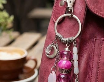 Pink Beaded Moon and Star Purse Charm or Keychain