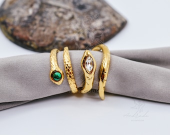 18k Gold Adjustable Open Ring | Zircon Stone Dainty Ring | Minimalist Ring | Stacking Ring | Snake Ring | Spiral Ring | Gift for Her