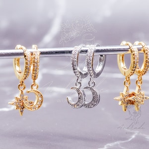 Moon and Star Pave Huggie Earrings | Diamond Dangle Earrings | Celestial Jewelry | Pave CZ Drop Huggies| Perfect Gift for Her HE12