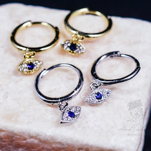 Blue Eye Charm Huggie Hoop Earrings | Evil Eye Jewelry | Dainty Eye Earrings | Protection Jewelry | Evil Eye Hoops | Vermeil Evil Eye HE09