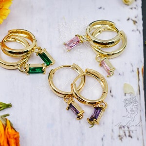 Baguette Hoop Earrings | Diamond Charm Earrings | Dangle Hoop Earrings | Gemstone Earrings | Dainty Earrings | Minimalist Earrings