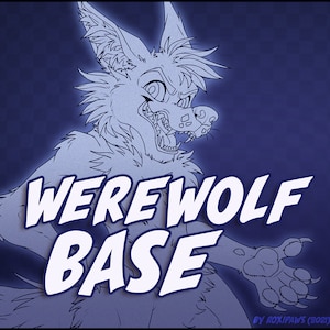 May include: A digital line art illustration of a werewolf character with pointed ears and sharp teeth, set against a dark blue background. The text WEREWOLF BASE is displayed in large white letters, with the text BY ROXIPAWS (2021) in the corner.