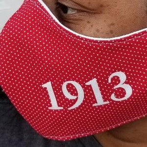 Puede incluir: Máscara facial roja con lunares blancos y el número 1913 impreso en blanco.