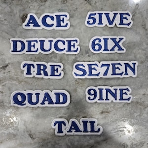 5ive, 6ix, Se7en, 9ine, iron-on embroidered 3&quot; X 1&quot; patch (royal and white)