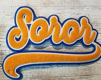 Updated-Soror Chenille Patch with Tail - Royal & Gold (iron-on)