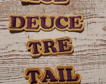 Ace, Deuce, Tre or Tail patch (iron-on) Purple and Old Gold