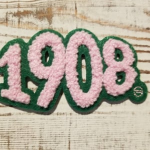 1908 chenille-patch van 2 inch; roze en groen; hbcu; opstrijkbaar
