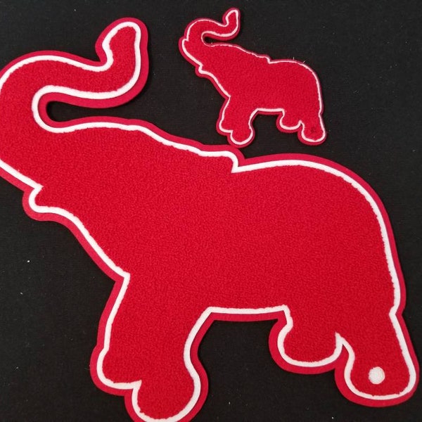 Red Chenille Elephant patch (iron-on)- 2 Sizes; animals; zoo; trunks up;