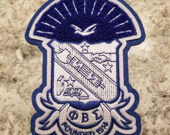 Phi Beta Sigma Fraternity chenille shield; 2 sizes; 1914; Royal and White; iron on