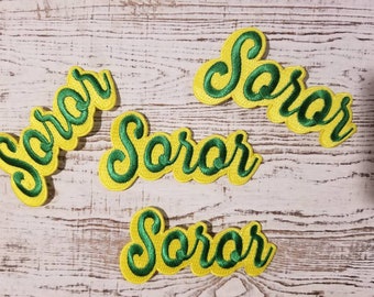 Soror Script Patch - Iron-on ( 2" X 4") Green and Yellow, Soror, Sister, Love, Nurse